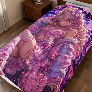 May include: A plush blanket featuring a vibrant anime-style illustration of a character with long wavy hair, wearing a pink ruffled outfit with bows and lace. The design includes a heart-shaped handbag, glowing purple and pink neon accents, and stars.