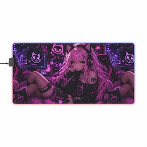 Cyberpunk-Katzenmädchen-Motiv LED-Gaming-Mauspad | Neon-Anime-Schreibtischunterlage, Anime-Waifu-Gamerin, E-Girl-Streamerin, Y2K-JDM-Dekor
