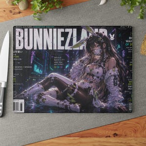 Cyberpunk Bunny Girl Glass Cutting Board | Anime Magazine Cover Art, Waifu Bunny Lair Y2K JDM Japan Tokyo Kitchen Decor Accessories