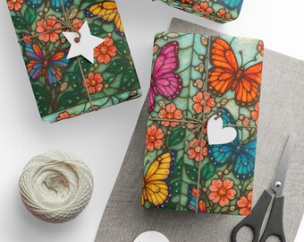 Colorful Butterfly Floral Wrapping Paper Roll - Gift Wrap for Birthdays, Holidays, DIY Decor, Parties, Stained Glass Butterfly Gift Wrap
