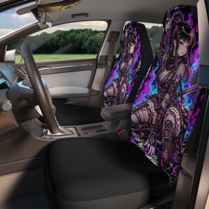May include: A pair of car seat covers featuring a vibrant anime-style illustration of a character with dark hair and a sword. The design incorporates shades of purple, blue, and black, with intricate floral patterns and a mesh-like texture.