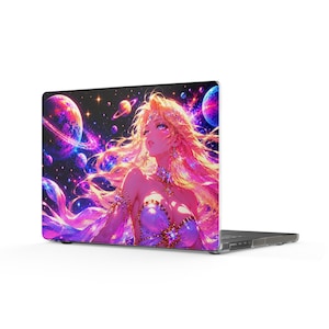May include: A laptop skin featuring a vibrant anime-style illustration of a blonde character with flowing hair, adorned in sparkling jewelry against a cosmic backdrop of glowing planets, swirling nebulae, and bright stars in shades of pink, purple, and blue.