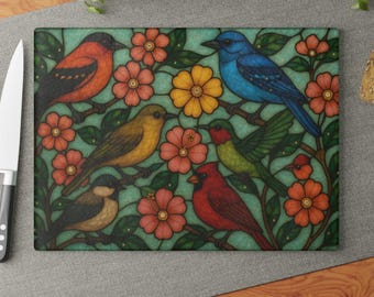 Bird Floral Glass Cutting Board, Kitchen Decor, Gift for Bird Lovers, Unique Housewarming Present, Artful Cooking Tool, Stained Glass Decor