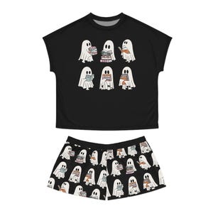 Reading Ghosts Women's Pajama Set | Women's Short Pajama Set, Spooky Halloween Ghosts Reading Books PJs, Gift For Reader Y2K