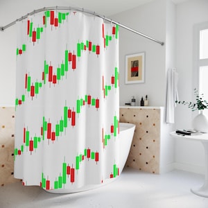 May include: White shower curtain featuring a repeating pattern of red and green candlestick charts. The design resembles financial market data, creating a unique and modern bathroom decor element. The curtain is hanging in front of a white bathtub.