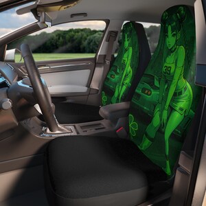 Fundas para asientos de coche de chica anime neón verde / Ilustración de carreras callejeras, accesorios de decoración para coche de chica waifu verde estilo Y2K