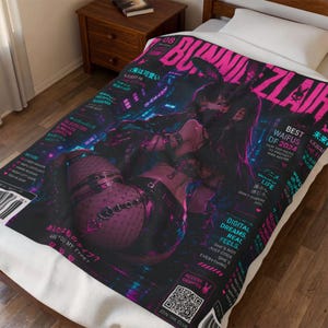 Cyberpunk Bunny Girl Samt-Plüsch-Decke | Anime Magazin Cover Art, Y2K Tokyo Japan JDM Girl Room Decor Accessoires
