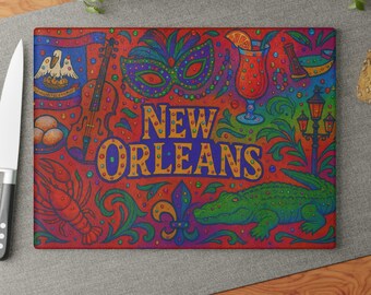 Vibrant New Orleans Cutting Board, Colorful Kitchen Decor, Unique Gift for Chefs, Holiday Entertaining, Mardi Gras Celebration, Culture