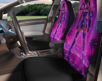 Funda de asiento de coche Retro Neon Cyber Girl / Vaporwave, Synthwave de los 80, Anime Waifu Retro Cyberpunk de los 80 y 90 Palmeras Y2K JDM Car