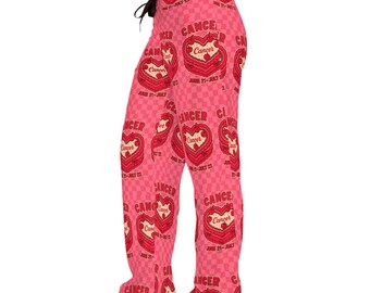 Cancer Zodiac Heart Pattern Pajama Pants | Cancer Sign Zodiac Print, Y2K Astrology Vintage Heart Cake Pink Checkered Birthday PJ Pants