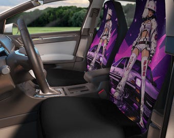 Cyberpunk Anime Girl Car Seat Covers | Retro Night Skyline, Racing Car, Waifu Anime Y2K JDM Retro Car Girl Tokyo Accessories Decor