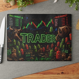 May include: A black cutting board with a stock market theme. The board features a bull and bear, stock charts, and the word "TRADER" in neon green. Green and red candlestick figures are scattered across the board.