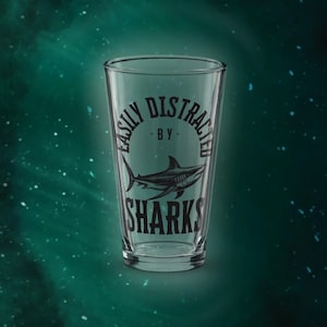 Glassware || Easily Distracted By Sharks Beer Glass Funny Glass For Dad Grandpa Gift For Shark Lover Cool Pint Glass Ocean Kitchen Ware