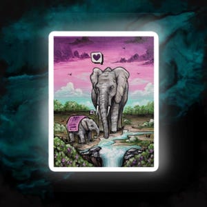 Sticker || Loving Mother Mom Elephant with Baby Elephant With Purple Pink Blue Colored Sky Love Gift For Mom Grandma Daughter Sticker Laptop