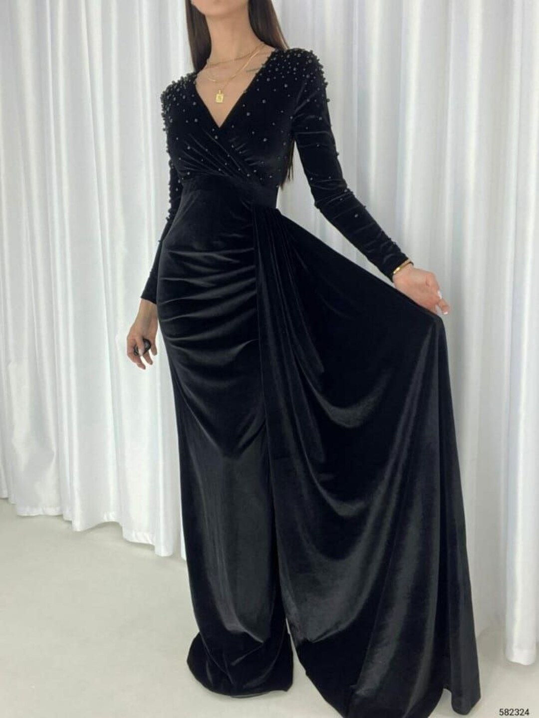 Long sleeve black velvet maxi cheap dress