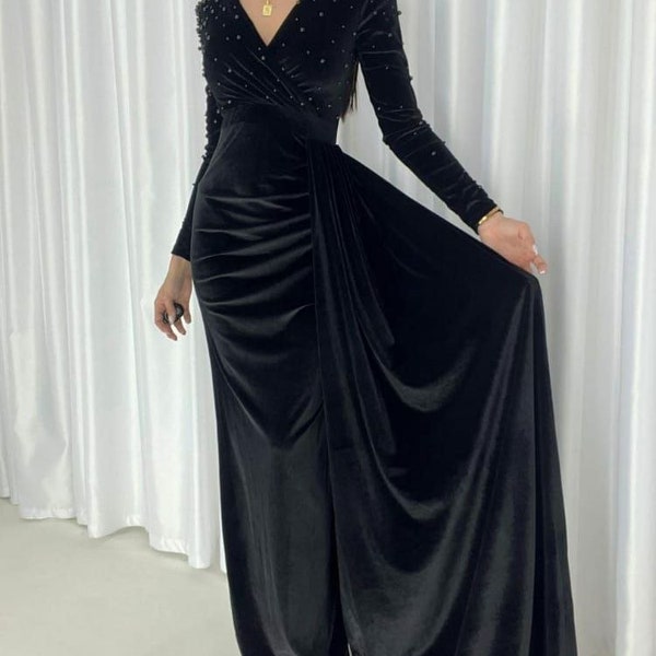 Frauen Perlen Samt Maxikleid Winter Lange Partykleider Damen Elegante V-Ausschnitt Kleider