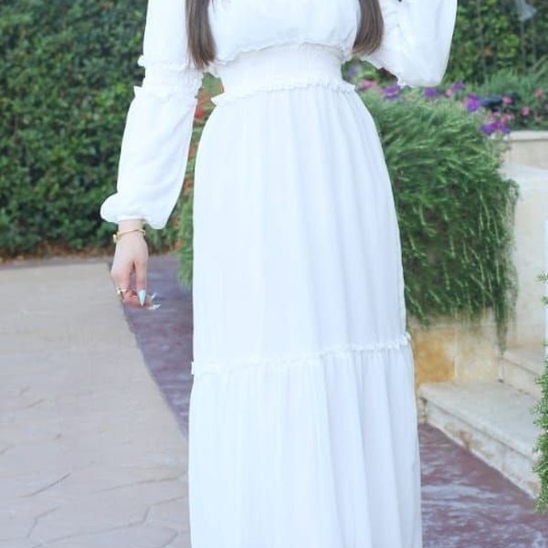 elegant langes Kleid weiß Kleid aus weißem Chiffon mit langen Ärmeln