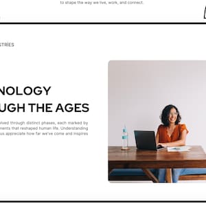 May include: A digital document page titled AROWWAI INDUSTRIES PAGE 02 featuring the heading TECHNOLOGY THROUGH THE AGES. The text describes technological evolution. An inset image shows a laptop, a water bottle, and papers on a wooden table.