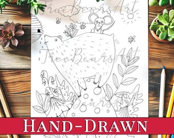 May include: A black and white line drawing of a bear standing on a mushroom with a mouse on top of the bear. The bear is surrounded by flowers and leaves. The image is labelled "HAND-DRAWN".