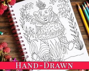 May include: A black and white line drawing of a whimsical animal wearing a butterfly crown and sitting on a mushroom. The animal is surrounded by flowers and leaves. The image is labeled "HAND-DRAWN".