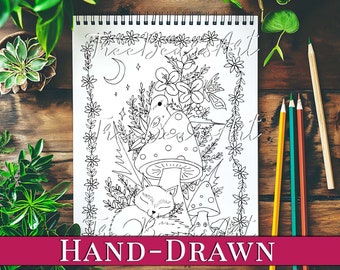 Sleepy Foxy & Forest Friends Critter HAND-DRAWN Coloring Page for Adult - Enchanted Adults + Kids Coloring Page, Instant Download - PDF