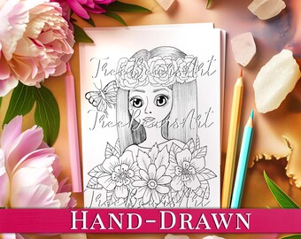 Celeste the Flower Fairy HAND-DRAWN Enchanted Flower Forest Coloring Page for Adult - Adults + Kids Coloring Page, Instant Download PDF