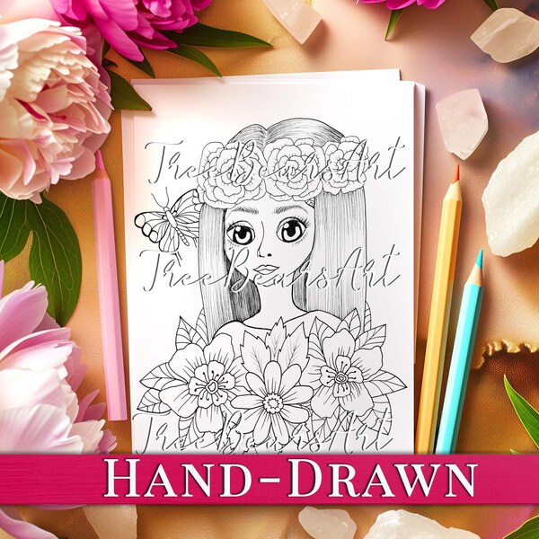 Celeste the Flower Fairy HAND-DRAWN Enchanted Flower Forest Coloring Page for Adult - Adults + Kids Coloring Page, Instant Download PDF