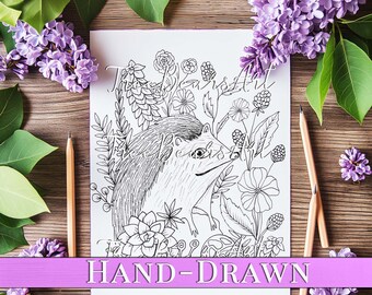 Eden the Hedgehog Página para colorear del bosque de flores encantadas DIBUJADA A MANO para adultos - Página para colorear para adultos encantados + niños, descarga instantánea en PDF