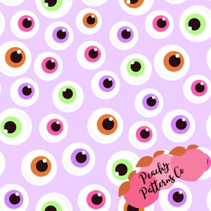 May include: A repeating pattern of cartoon eyeballs in various colors, including orange, pink, green, and purple, on a light purple background. The eyes have white scleras and black pupils. The design is playful and whimsical.