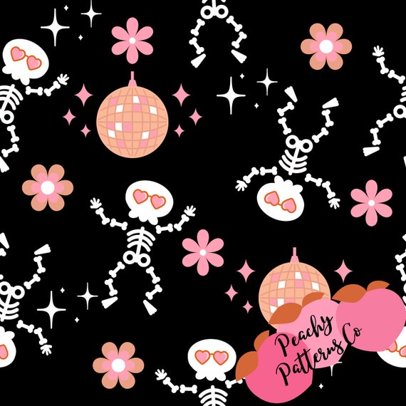 Disco Skeleton seamless design, fabric seamless design, witch fabric prints, retro fabric patters, seamless digital file, retro, Halloween