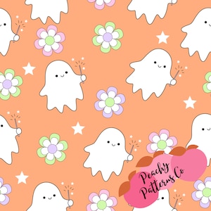 Pastel Halloween fabric seamless design, Pumpkin fabric prints, halloween fabrics, seamless digital file, Halloween seamless, Ghost Flower