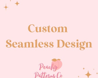 Może przedstawiać: Logo Peachy Patterns Co. z grafiką brzoskwini i tekstem "Peachy Patterns Co." w różowym stylu pisma. Tekst "Custom Seamless Design" jest złoty na jasnoróżowym tle z złotymi gwiazdami.