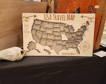 Personalized USA Travel Map – Custom Wooden Travel Tracker with 50 State Cutouts