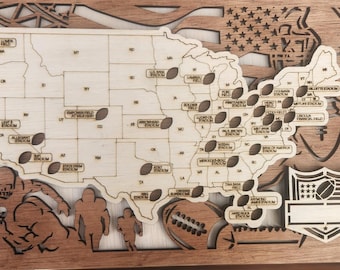 May include: A wooden map of the United States with a football design. The map shows the locations of all 32 NFL teams. The map is surrounded by a wooden frame and has a small wooden plaque with the NFL logo.