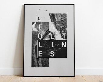 May include: Black and white abstract art print with the text "FAULT LINES" in white letters. The print is framed in a black frame.