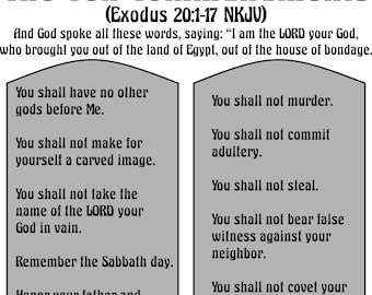 May include: A black and white illustration of the Ten Commandments from Exodus 20:1-17 in the New King James Version (NKJV) of the Bible. The text is written on two stone tablets.