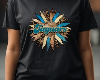 Jaguars Boho Sunflower Glitter, Teal & Leopard Print, Jacksonville Jaguars Inspired Women's Football Short Sleeve T-shirt
