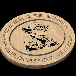 May include: A wooden cribbage board with a black silhouette of Yoda from Star Wars.
