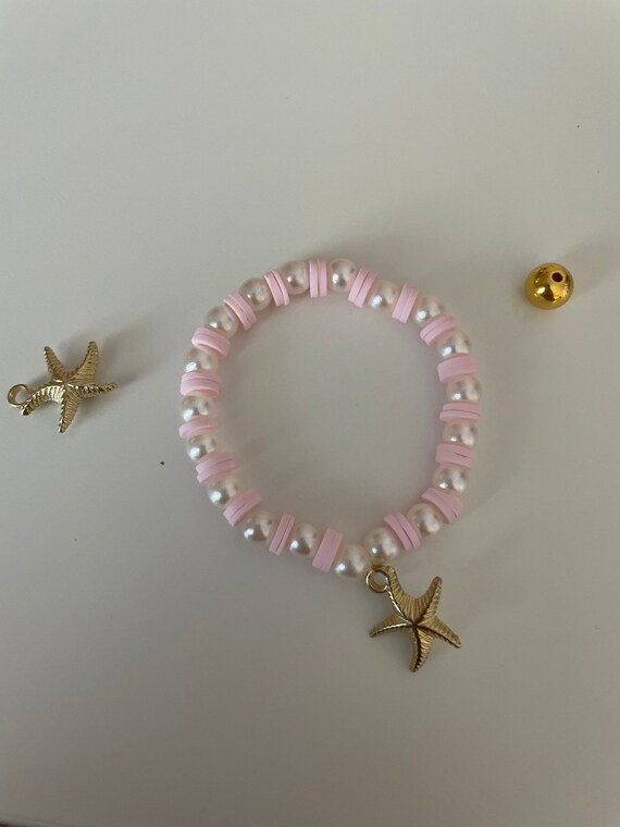 Preppy Pink, Pearl, and Gold Clay Bead Bracelet
