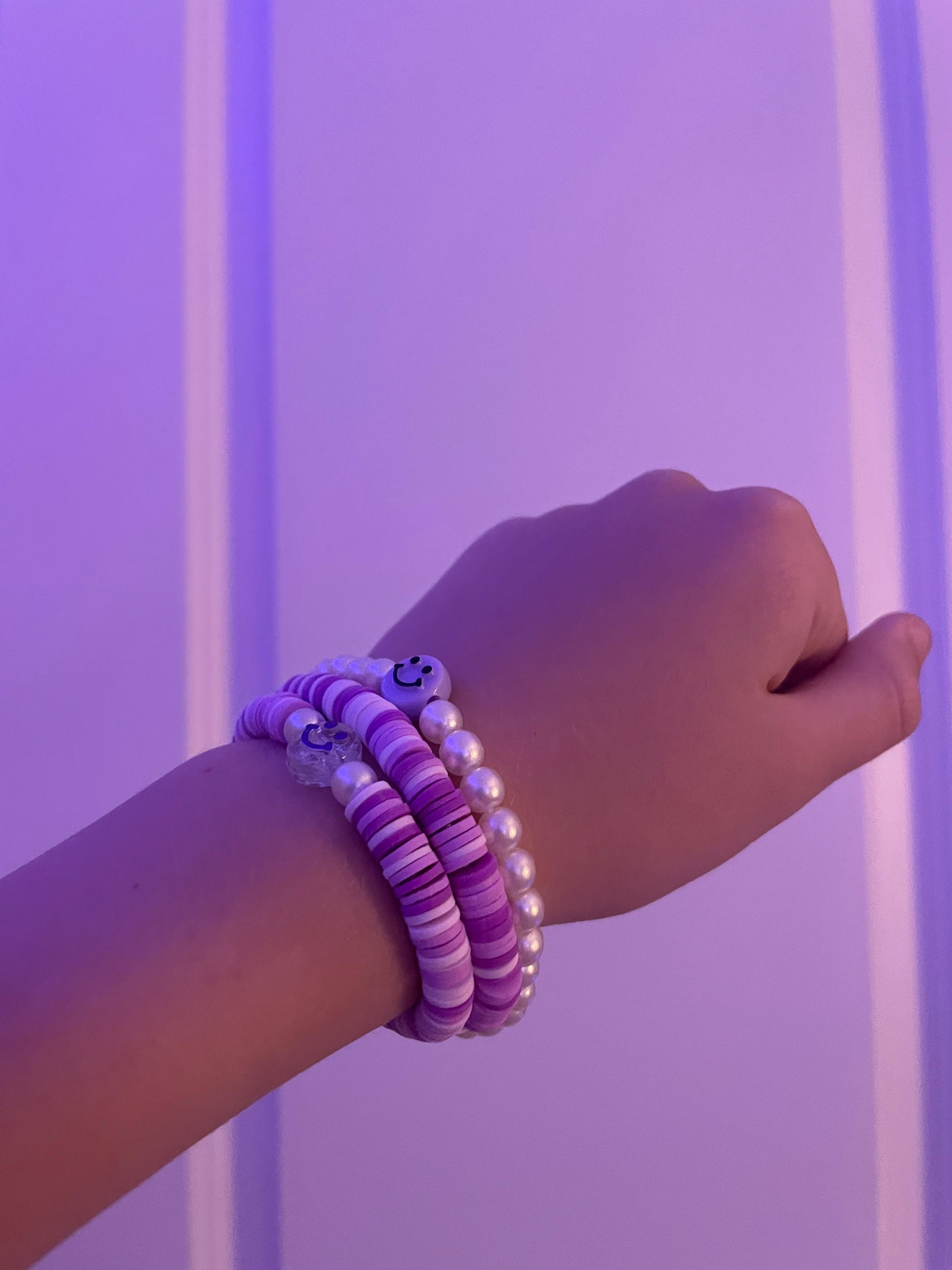 Xoxo Bracelet. Purple Clay Beads. Stretch Bracelet, Stacking Bracelet, Beach Jewelry.