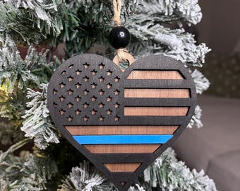 Thin Blue Line Heart Ornament | Police Officer Christmas Gift | Law Enforcement Tree Decoration | Wooden Flag Ornament | Blue Line Heart