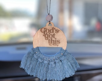 God’s Got This Car Charm | Christian Rearview Mirror Decor | Boho Macrame Tassel Car Accessory | Faith Gift | Inspirational Auto Ornament |