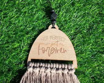 Not Perfect Just Forgiven Car Charm | Christian Rearview Mirror Hanger | Faith Based Macrame Tassel Car Accessory | Boho Gift for Her