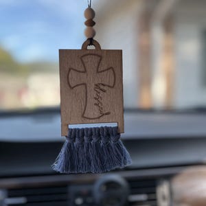 Blessed Cross Rearview Mirror Charm | Christian Car Accessory | Boho Wooden Car Decor | Faith Gift for Her | Laser Engraved Cross Charm |