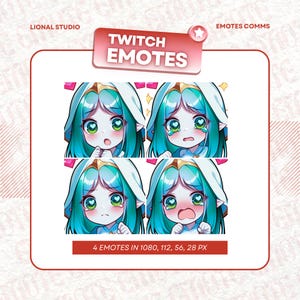Chibi Girl Green Hair Twitch Emote Pack 4x, Twitch Emotes, Emoji Emote Pack, Girl Emote, Streamer Emote, Discord Emote, Sticker Emote