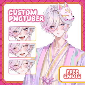May include: Digital art of a character with white hair, wearing a traditional Japanese-style robe with pink and purple accents. The character has a fox mask and three different facial expressions. Text reads "CUSTOM PNGTUBER" and "FREE EMOTE".