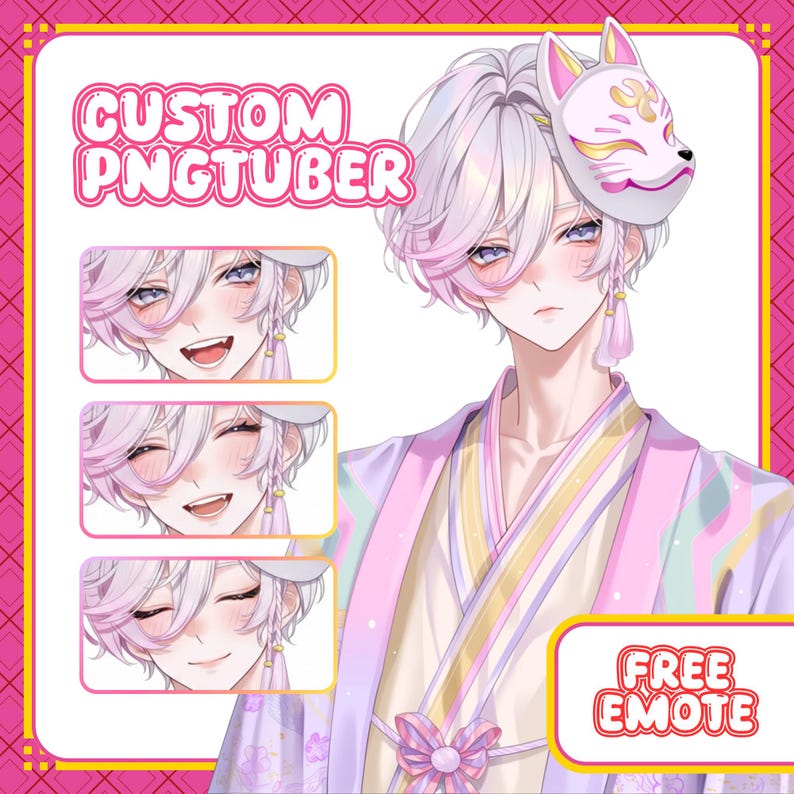 May include: Digital art of a character with white hair, wearing a traditional Japanese-style robe with pink and purple accents. The character has a fox mask and three different facial expressions. Text reads "CUSTOM PNGTUBER" and "FREE EMOTE".