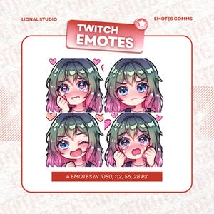 Chibi Girl Green Hair Twitch Emote Pack 4x, Twitch Emotes, Emoji Emote Pack, Girl Emote, Streamer Emote, Discord Emote, Sticker Emote