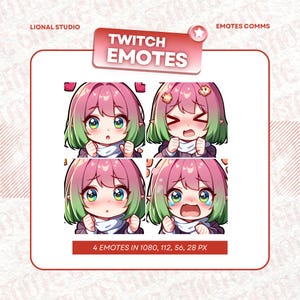 Chibi Girl Green Hair Twitch Emote Pack 4x, Twitch Emotes, Emoji Emote Pack, Girl Emote, Streamer Emote, Discord Emote, Sticker Emote