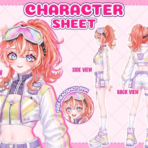 May include: A character sheet featuring an anime-style figure with peach-colored hair, wearing a white and pastel-colored cropped jacket, shorts, and platform sneakers. The illustration includes a 3/4 view, side view, back view, and a headshot.